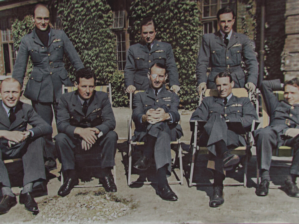 “From left, standing: P/Os HC Upton, AEA van den Hove d’Éstsenrijk (Belgium), and David Gorrie; seated, from left, P/Os Frank Carey (adjutant) [Signatory 27], F/L J.I. Kilmartin [Signatory 35], S/L George Lott [Signatory 11] [who lost an eye in combat on 9 July 1940], F/L RC Reynell and S/L CB Hull DFC (South African).” Just three hours after this photograph of eight Hurricane pilots from 43 Squadron, ‘relaxing’ outside the Officer’s Mess at RAF Tangmere, was taken, on 7 September 1940 – seven days before Battle of Britain Day – two of them, the Australian Richard Reynell and the South African Caesar Hull – were killed in action. Van Den Hove was in turn lost on the Battle of Britain day itself, and David Gorrie the following April.